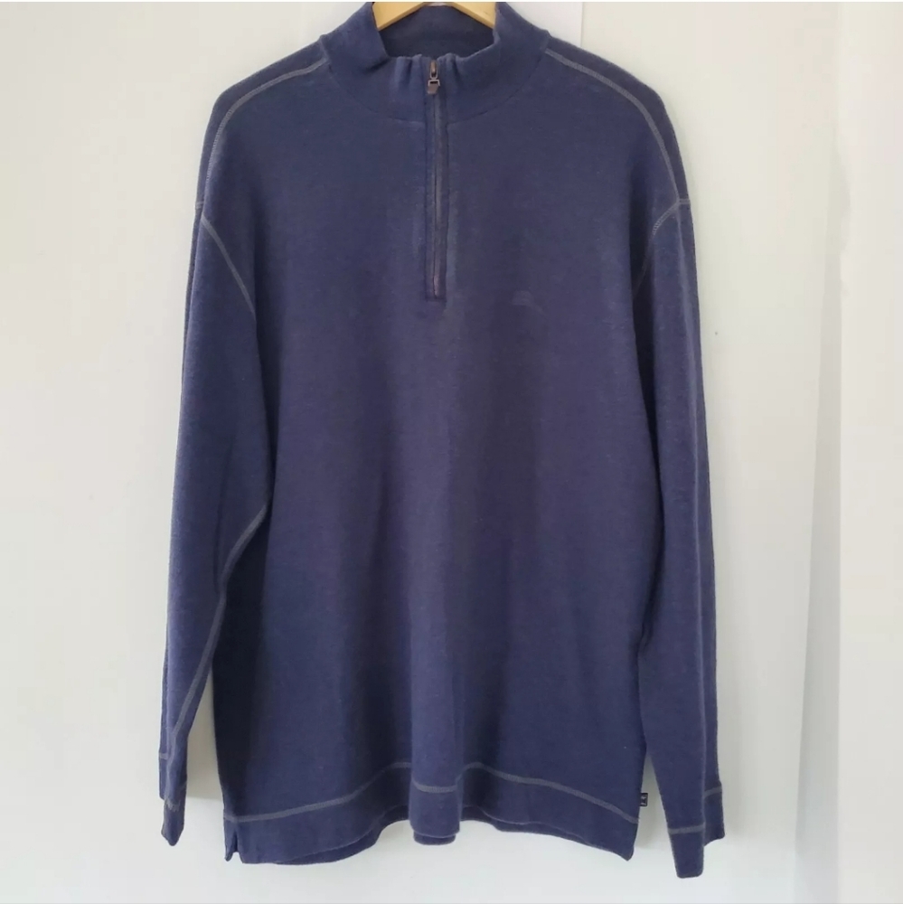 TOMMY BAHAMA Men Sz XL Navy Quarter Zip Sweater LS Pullover Logo Leather Pull A+